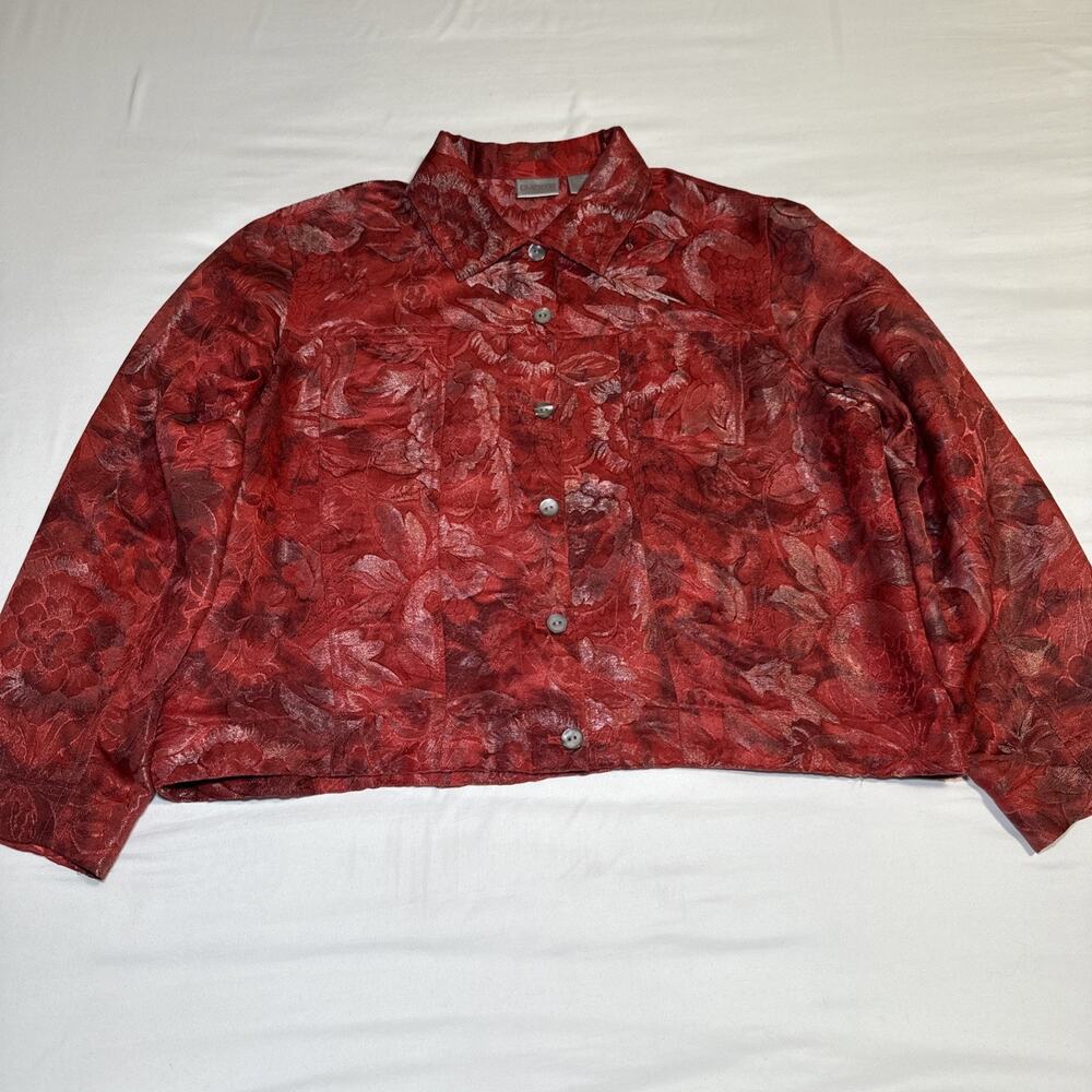 Chicos 3 Womens XL Jacket Silk Blend Blazer Red Metallic Floral Button Front EUC
